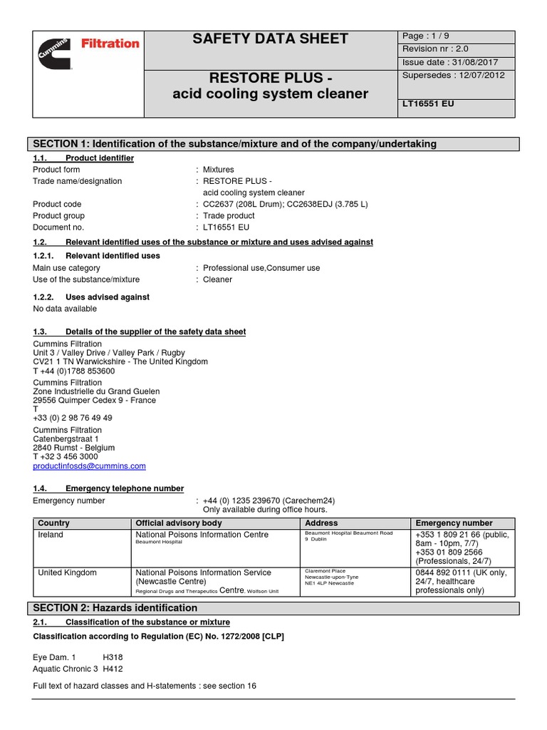 Restore Plus Cooling System Cleaner SDS | PDF | Dangerous Goods ...
