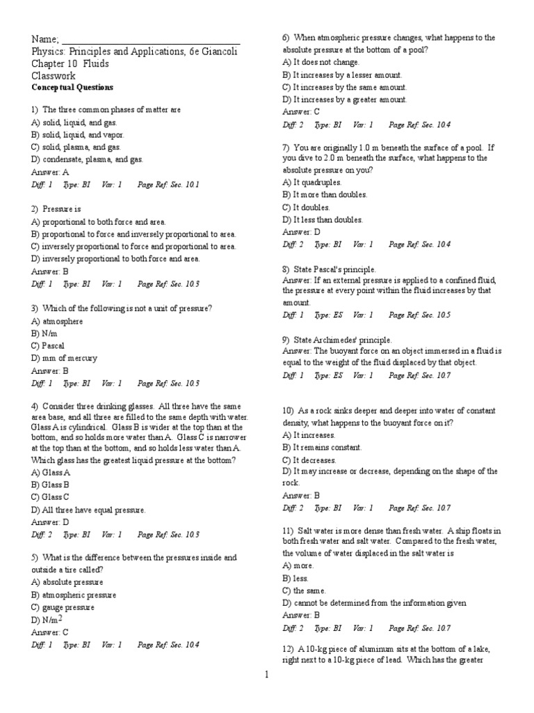 Assignment With Answers Pdf Buoyancy Pressure