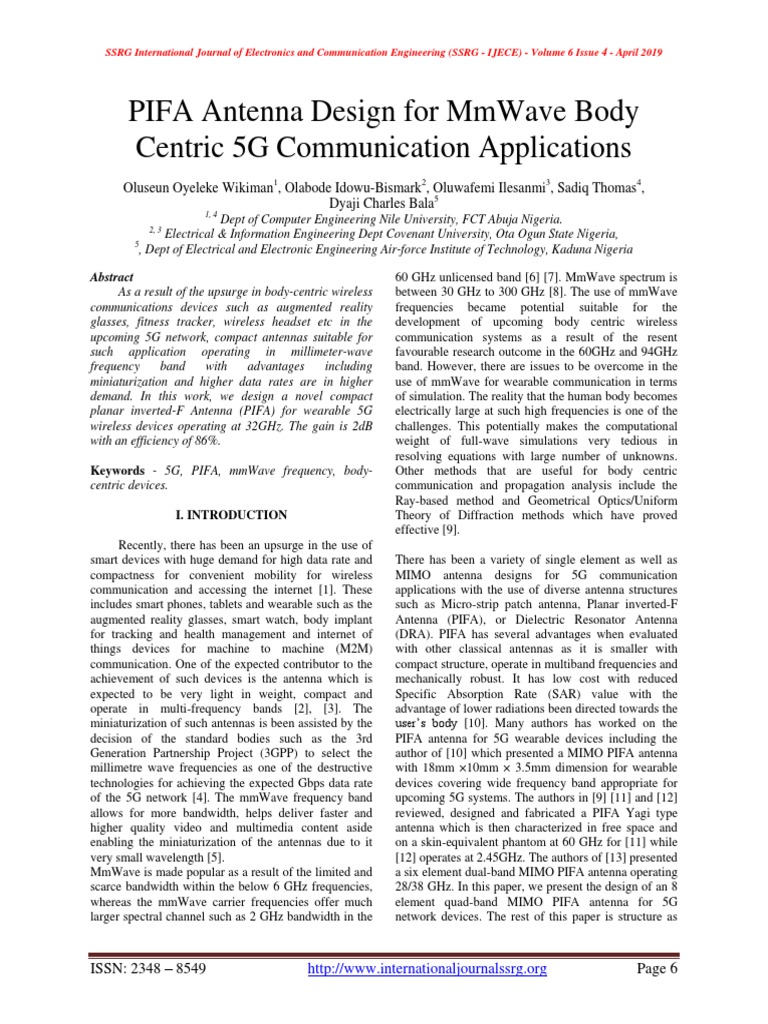 Pifa Antenna Design For Mmwave Body Centric 5G Communication ...