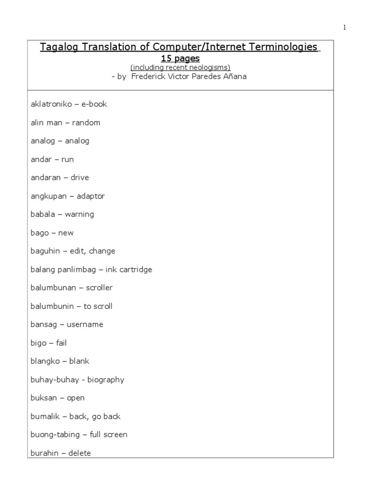 Comprehensive Tagalog Glossary of Computer and Terminology