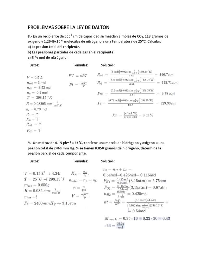 Ejercicios Resueltos Ley de Dalton | PDF | Mole (Unidad) | Gases
