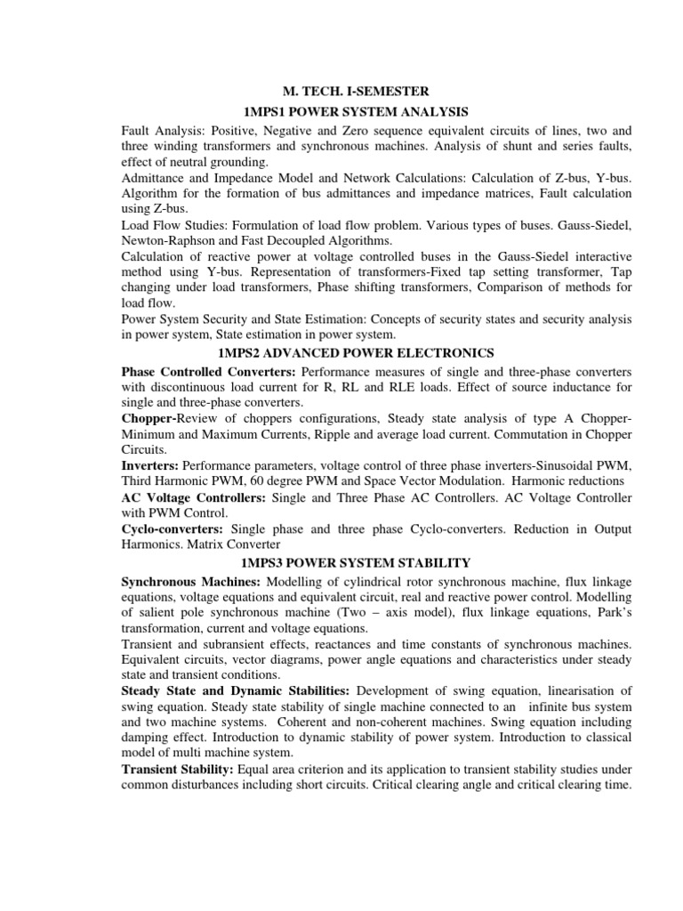 Syllabus MTech Power Systems Subject To Approval of Academic PDF