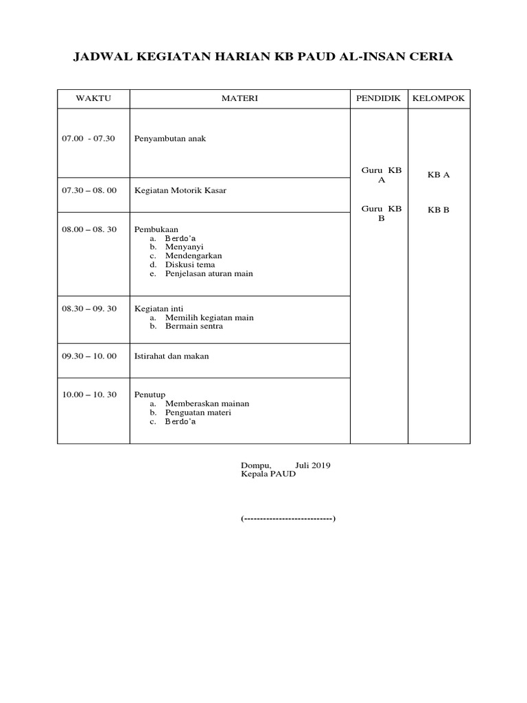Jadwal Kegiatan Harian KB Paud Al | PDF
