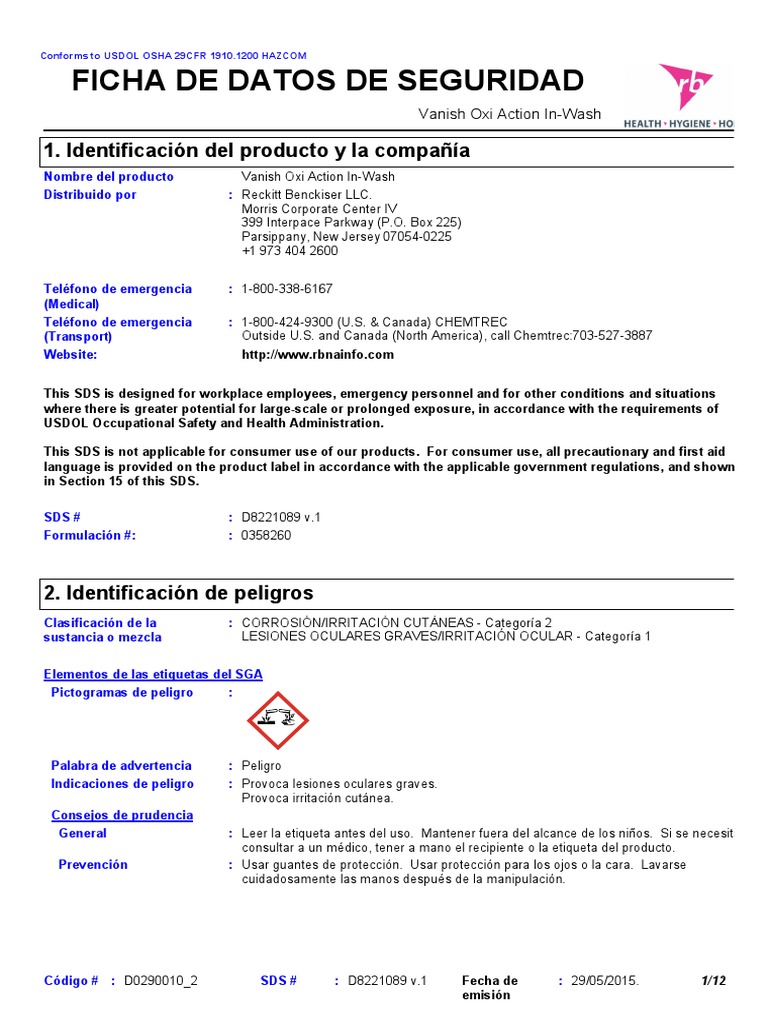 MSDS Vanish PDF Residuos Guante