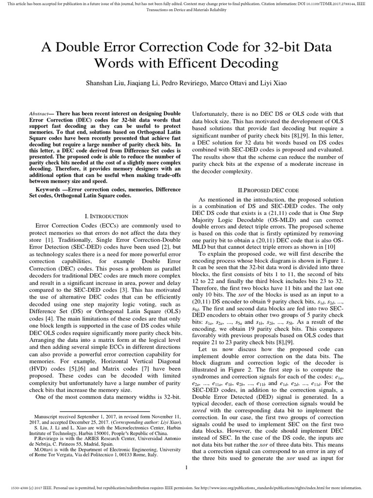 Double Error Correction Code For 32-Bit Data Words With Efficent ...