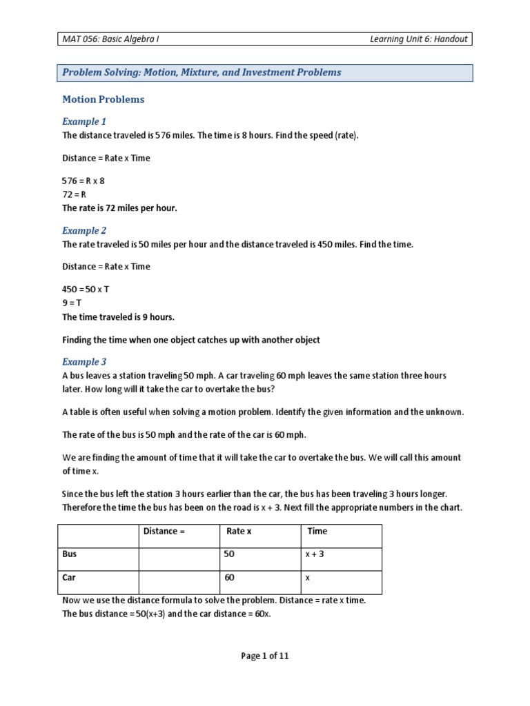 Problem Solving Motion, Mixture, and Investment Problems PDF Speed