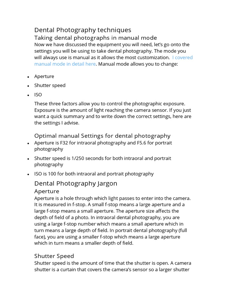 Dental Photography Techniques Taking Dental Photographs in Manual Mode PDF Shutter Speed