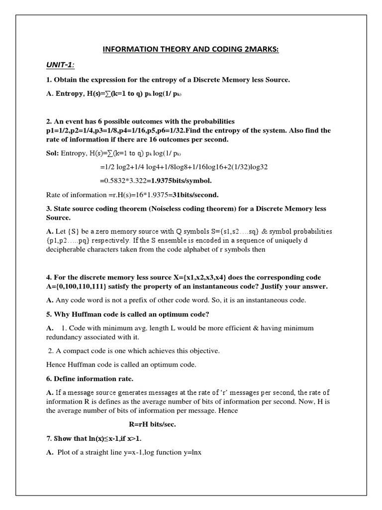 Information Theory and Coding 2marks | PDF | Code | Statistical Theory