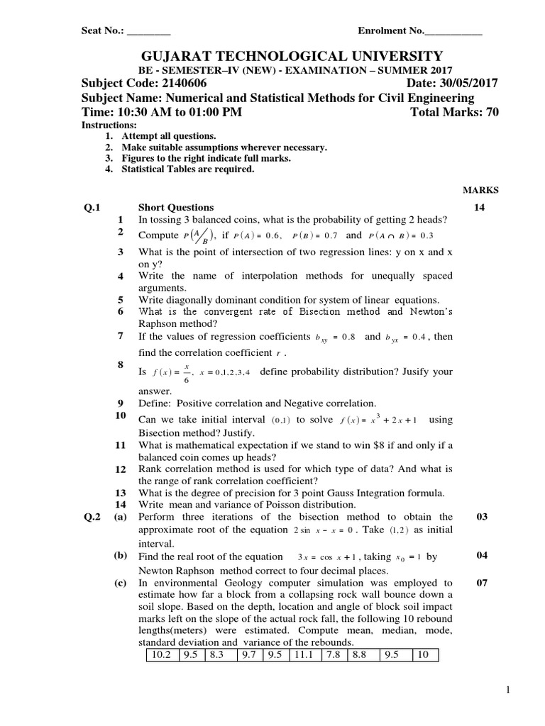 Numerical and Statistical Methods Exam 2017 | PDF | Correlation And ...
