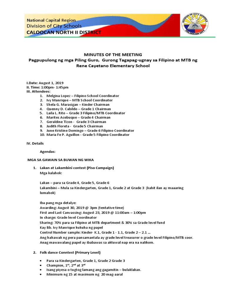 Minutes Of Meeting In Filipino Mtb