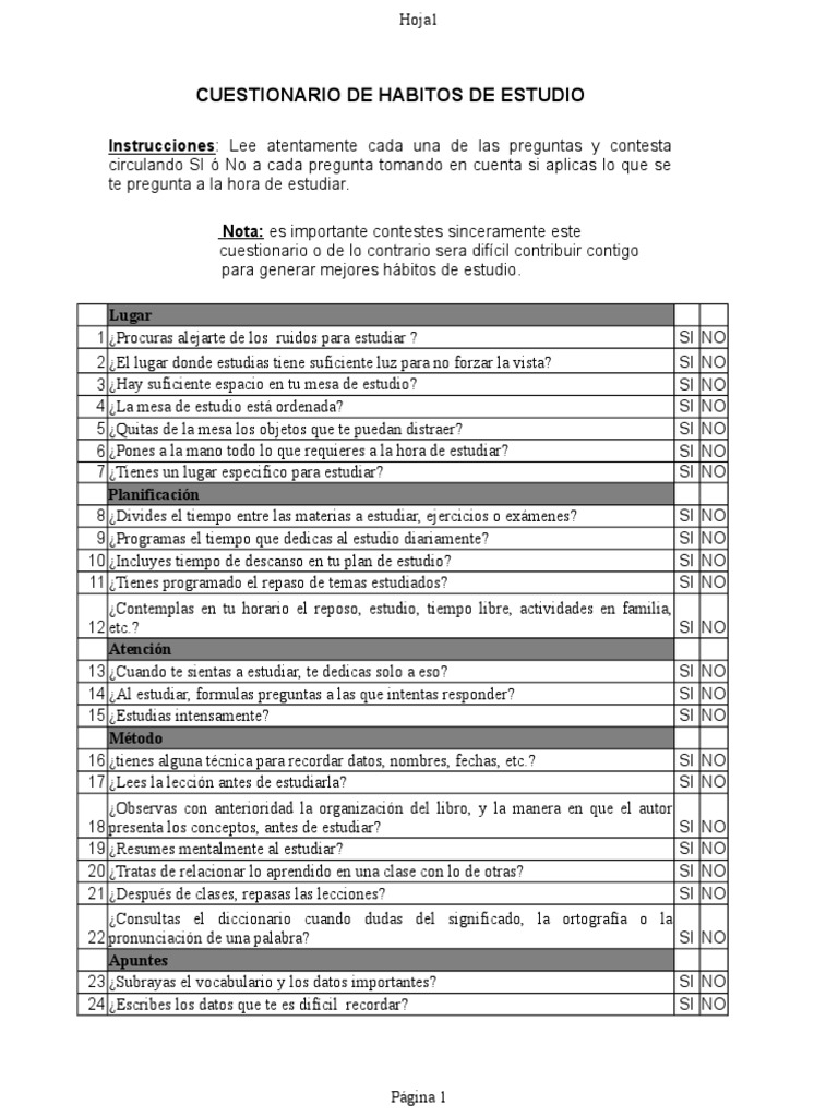 Cuestionario de Hábitos de Estudio | PDF | Prueba (evaluación ...