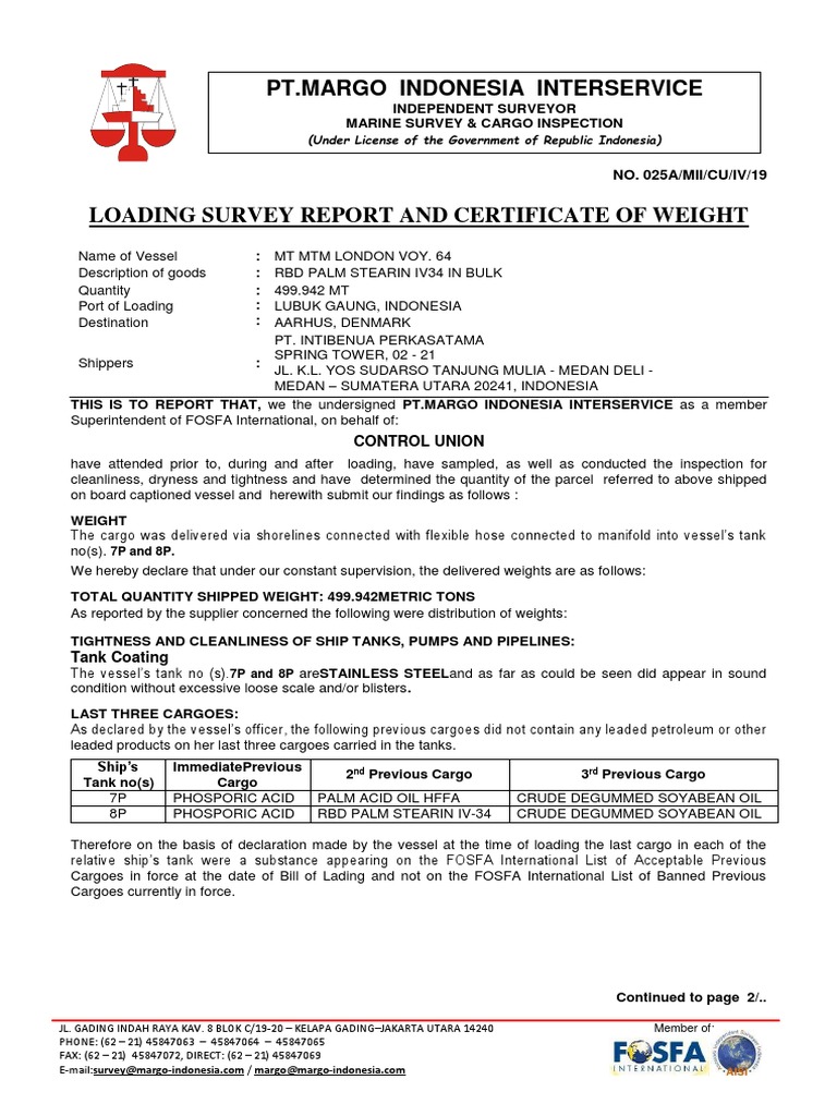 Loading Survey Report for MTM London | PDF | Cargo | Nature