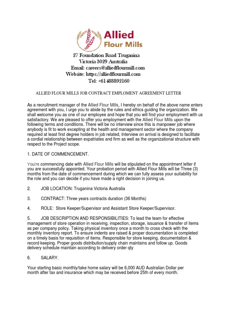 Allied Flour Mills Job Contract Emploment Agreement Letter Working