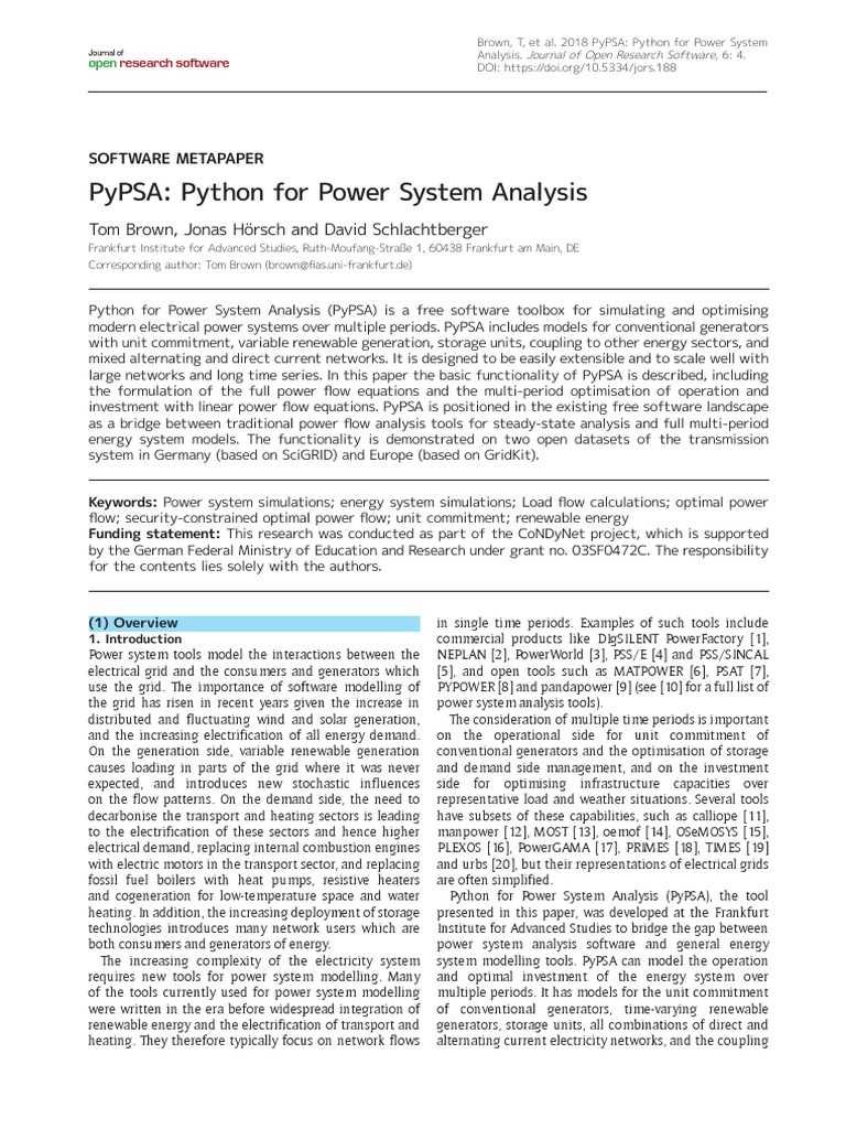Pypsa: Python For Power System Analysis: Tom Brown, Jonas Hörsch and ...