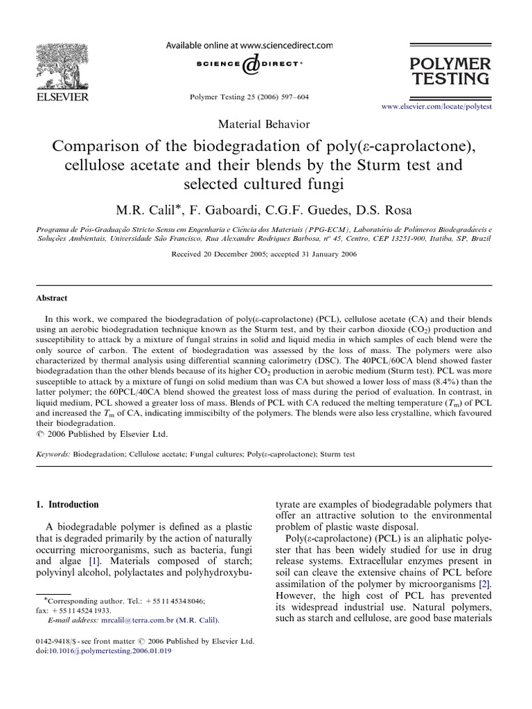 Biodegradation of PCL and Cellulose Acetate | PDF | Biodegradation ...