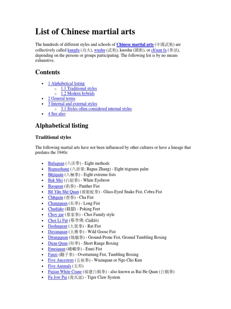 List of Chinese Martial Arts PDF Chinese Martial Arts Asian