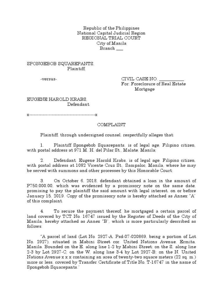 Complaint for Foreclosure of Real Estate Mortgage Revised Foreclosure