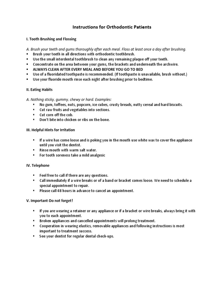Ortho Instruction Form PDF Orthodontics Dentistry Branches