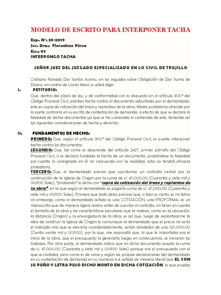 Modelo de Escrito para Interponer Tacha | PDF | Demanda judicial | Ley  procesal