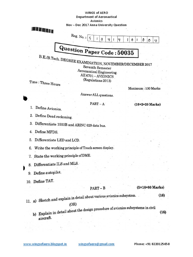 Past Exam Questions from the Department of Aeronautical Avionics at