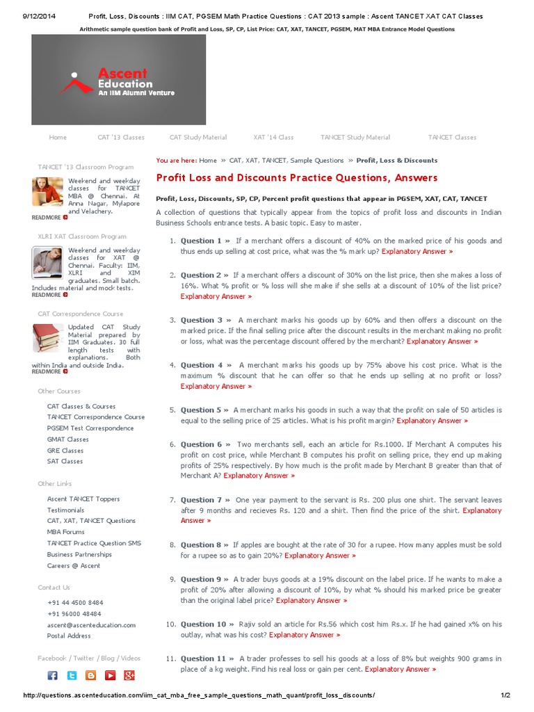 Profit Loss and Discounts Practice Questions, Answers PDF Prices
