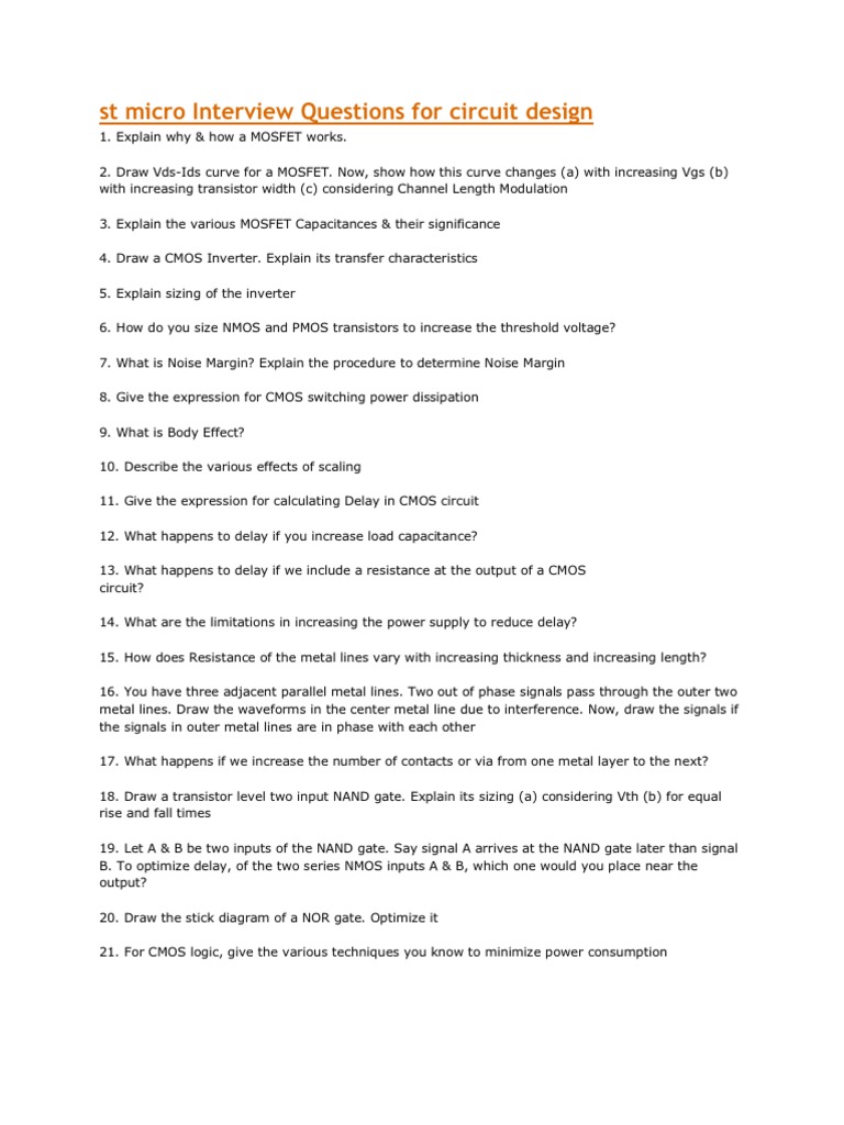 ST Micro Interview Questions For Circuit Design PDF Cmos Mosfet