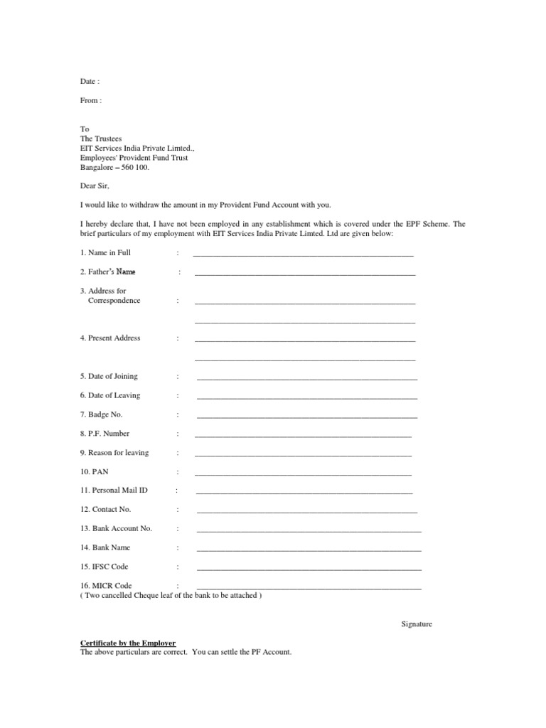 PF Withdrawal Application to EIT Services | PDF