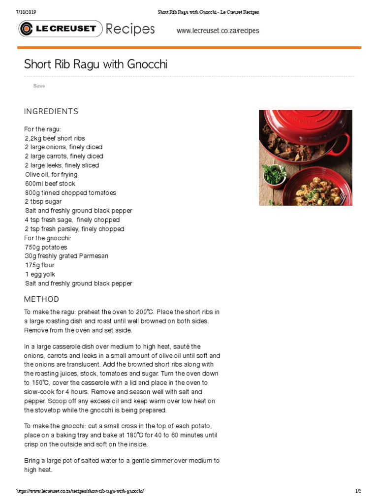 Short Rib Ragu With Gnocchi Le Creuset Recipes PDF Potato Chip