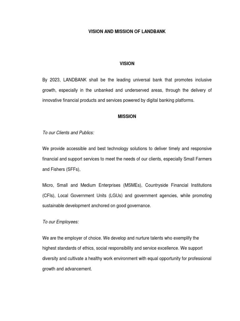 Vision and Mission of Landbank | PDF
