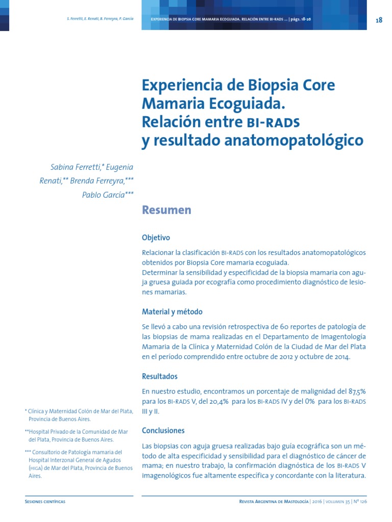 Experiencia de Biopsia Core - Mamaria Ecoguiada. - Relación Entre Bi ...
