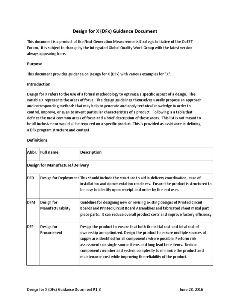 Design For X (Dfx) Guidance Document Purpose Reliability Engineering