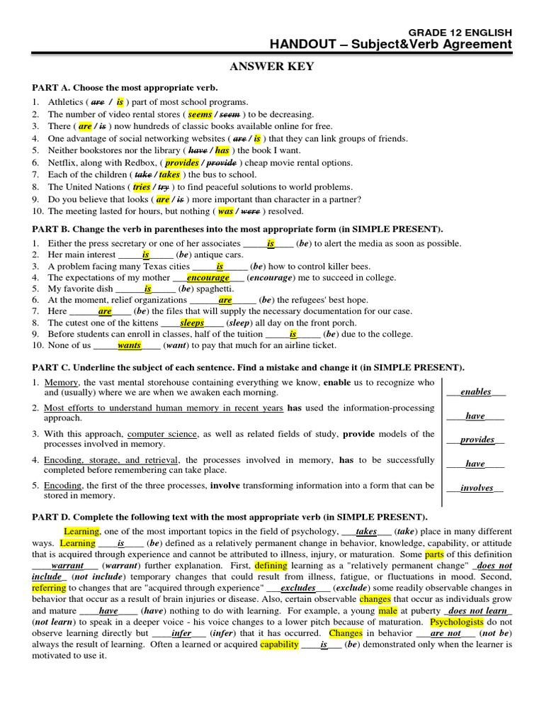 Subject-Verb Agreement Practice Guide | PDF | Memory | Learning