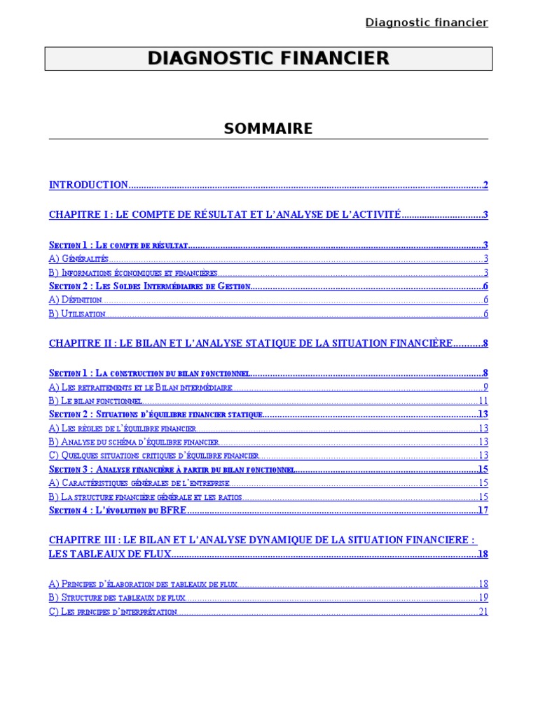 Analyse du Diagnostic Financier | PDF | Fonds de roulement | Bilan ...