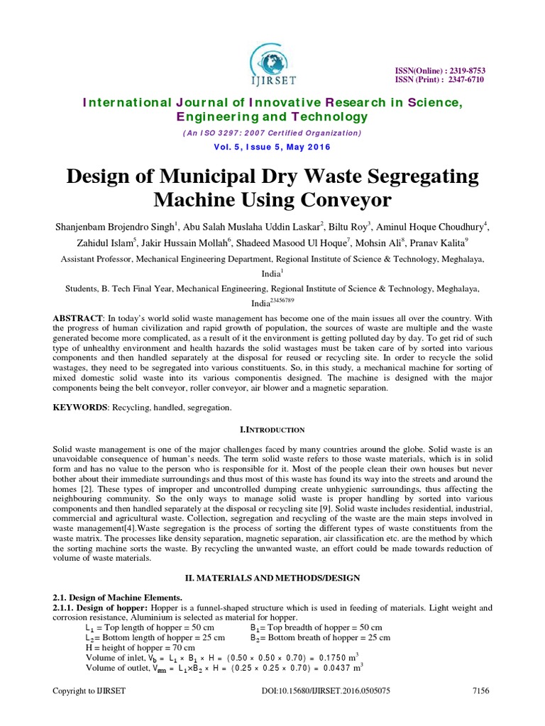 Design of Municipal Dry Waste Segregating Machine Using Conveyor | PDF ...