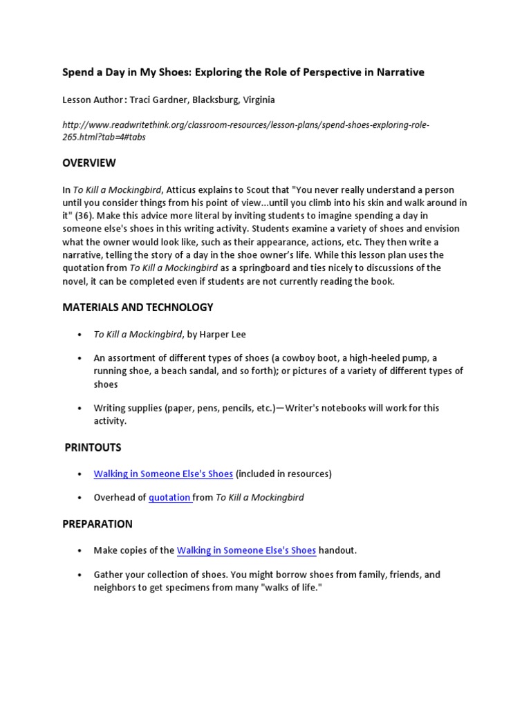 Spend A Day in My Shoes Lesson Plan Download Free PDF To Kill A