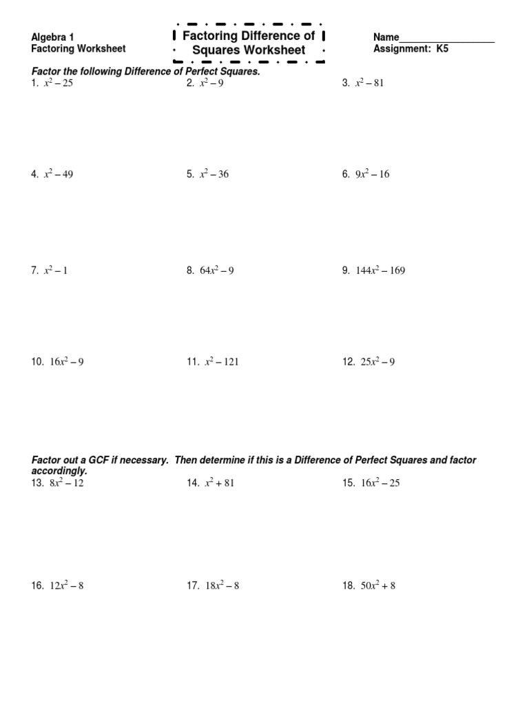 Factoring Difference of Squares Worksheet | PDF | Teaching Methods ...
