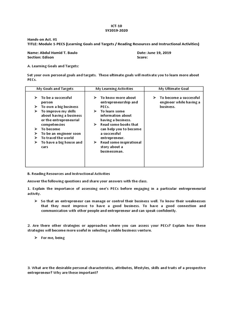 PECs Assessment for Entrepreneurial Success | PDF | Entrepreneurship ...