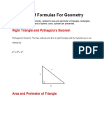 Table of Formulas For Geometry: Right Triangle and Pythagora's Theorem