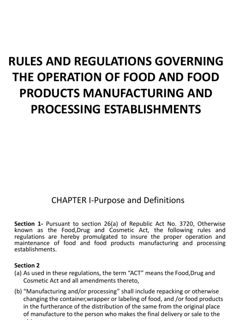 Rules and Regulations Governing The Operation of Food and Food Products