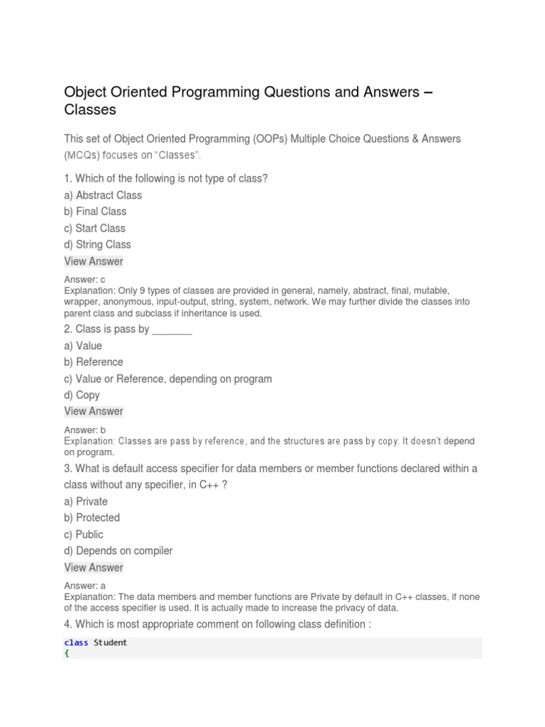 Object Oriented Programming Questions and Answers - Classes: Student ...