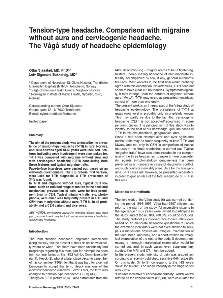 Tension-Type Headache. Comparison With Migraine Without Aura and