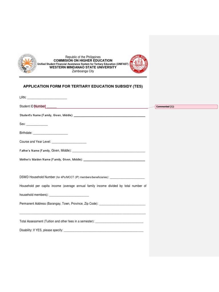 Application Form For Tertiary Education Subsidy (Tes) : Commision On ...