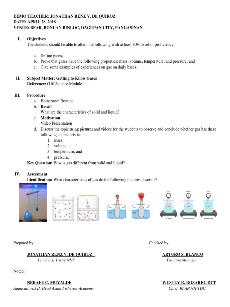 Understanding Gas Properties Lesson | PDF