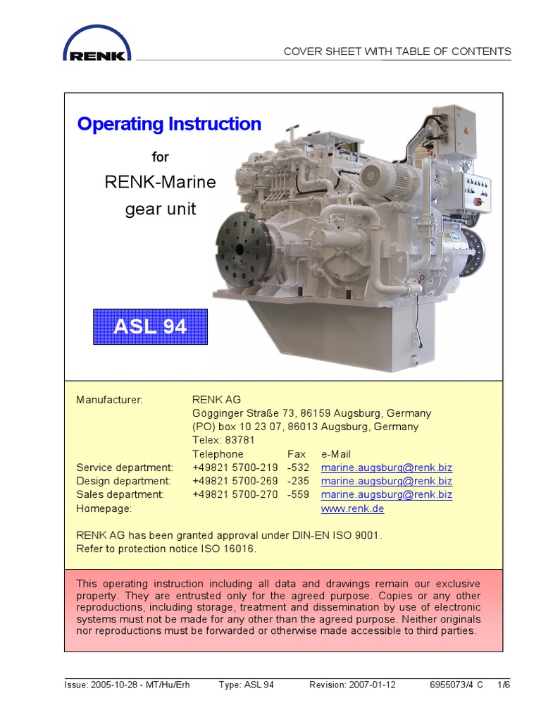 ASL 94 Operating Instructions for RENK Gearbox | PDF | Pump | Clutch