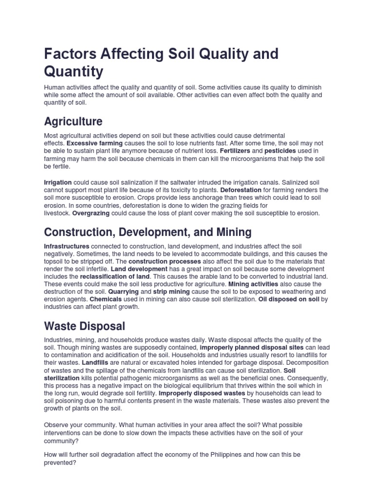 Factors Affecting Soil Quality and Quantity PDF Soil Fertility Soil