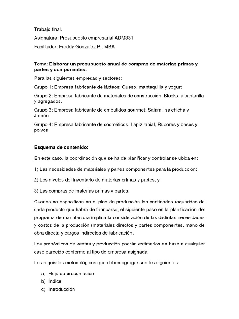 Presupuesto Anual de Compras Empresariales | PDF
