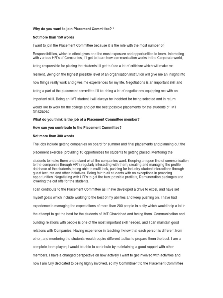 Why Do You Want To Join Placement Committee? Not More Than 150 Words