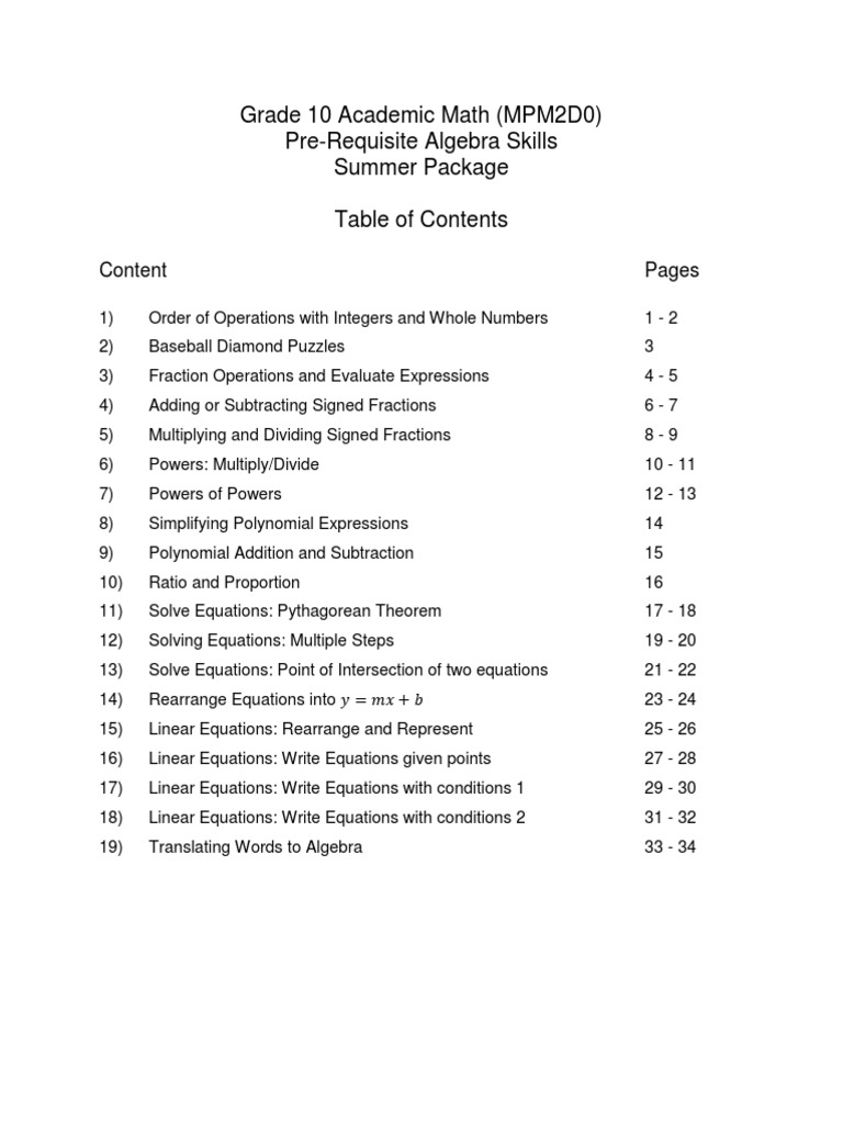 Algebra Skills For Grade 10 PDF | PDF | Equations | Fraction (Mathematics)