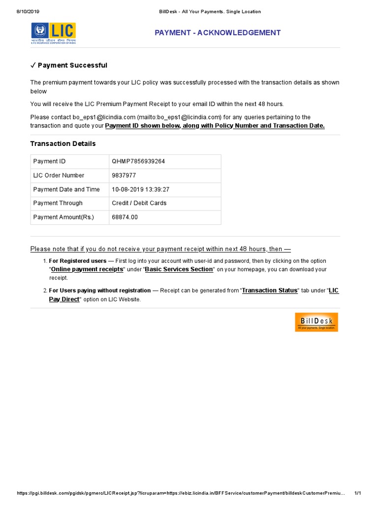 Lic Receipt Aug 2019