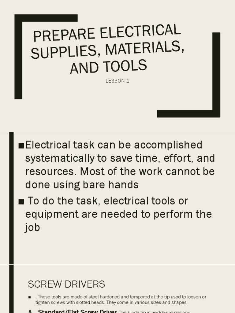Prepare Electrical Supplies, Materials, And Tools Electrical Wiring